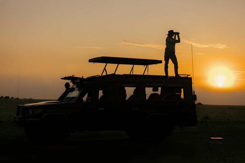 Luxury safari vehicle in Tanzania during a sunset game drive
